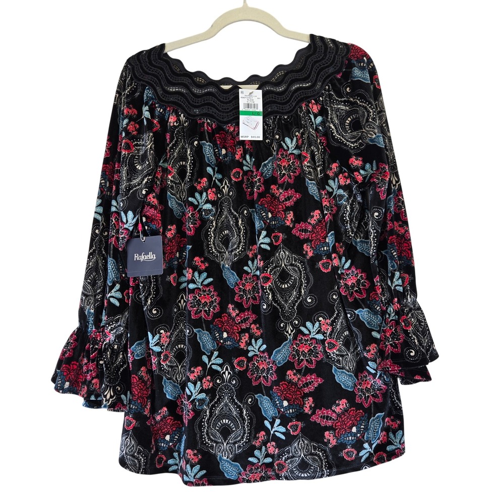 NWT RAFAELLA Black Floral Velvet Velour Lace Trim‎ Long Sleeve Tunic Top Large